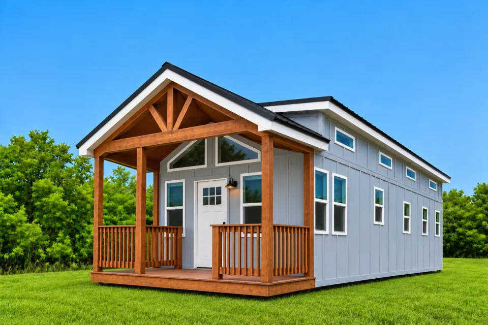 A Trailblazer park model tiny home exterior with porch