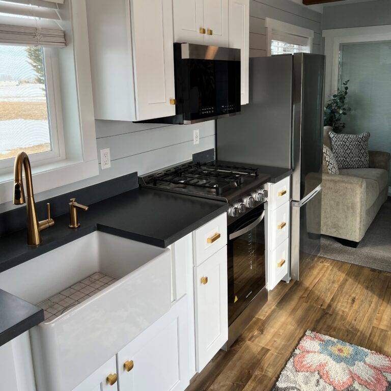 Container home kitchen with farmhouse sink